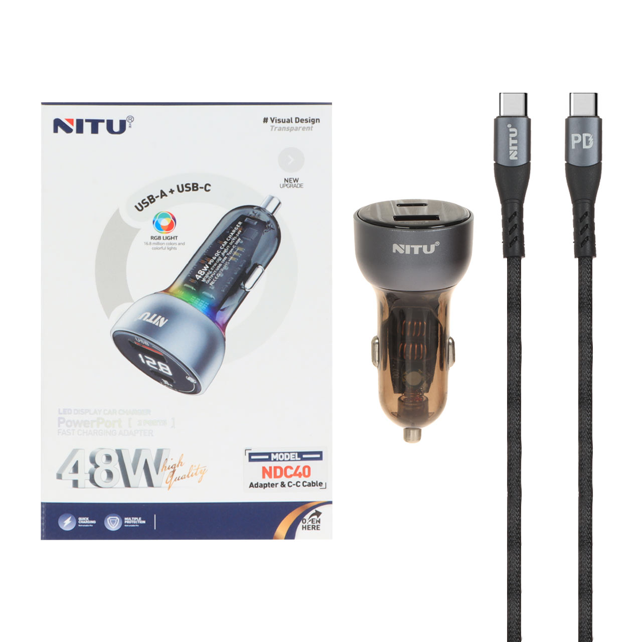 شارژر فندکی فست و PD دو پورت Nitu مدل NDC40 48W به همراه کابل شارژ Type-C To Type-C - خاکستری (گارانتی 18 ماه تعویض نیکان همراه)